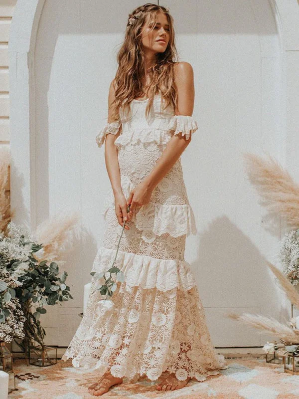 Boho Wedding Dress 2021 Off The Shoulder Floor Length Multilayer Lace Bridal Gowns Sexy Lace Gown