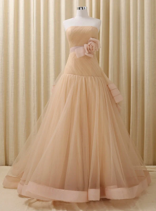 Champagne Tulle With Flower Strapless Backless Wedding Dress Long Sleeve Gown