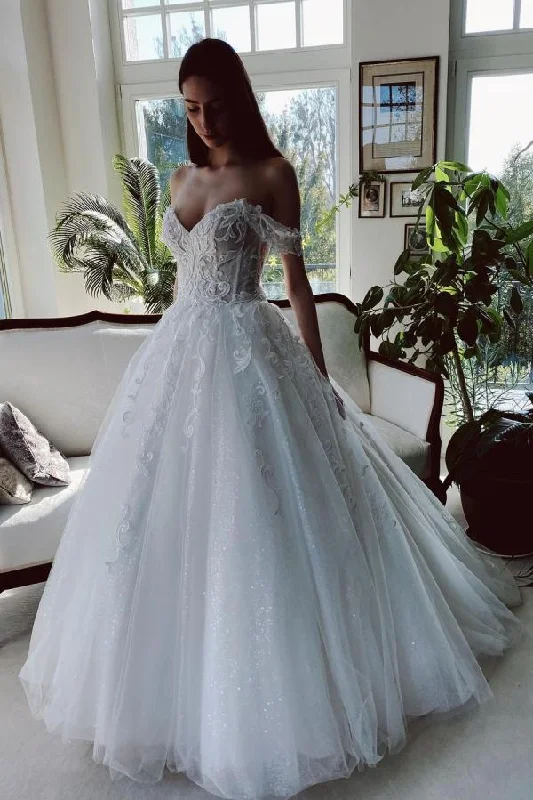 Charming Long A-Line Off-the-Shoulder Tulle Wedding Dress Classic Lace Gown