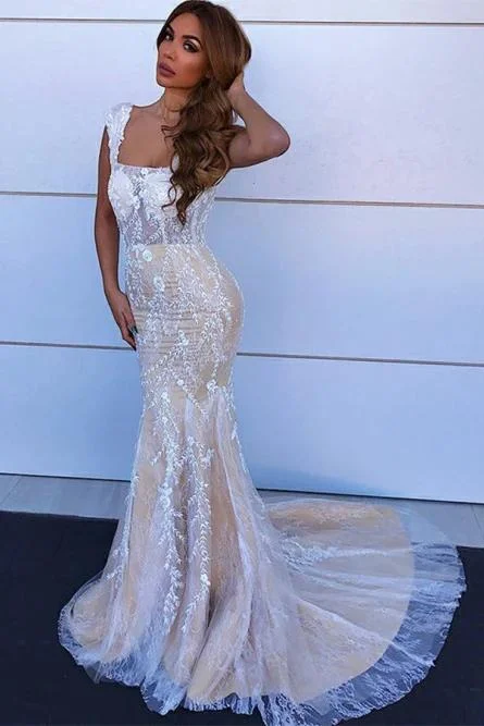 Charming Mermaid Square Neck Straps Lace Wedding Dresses, Bridal STI15631 Sexy Satin Gown