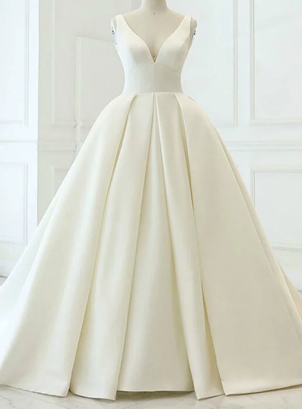 Charming White Ball Gown Satin V-neck Backless Wedding Dress Ruffle Wedding Gown