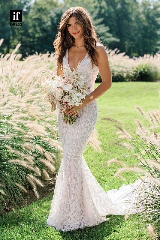 30566 - Sexy V-Neck Illusion Lace Mermaid Wedding Dress Timeless Wedding Dress