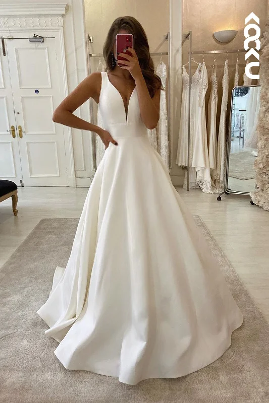 K920 - A-Line V-Neck Satin Backless Sleeveless Wedding Dress Full Length Gown