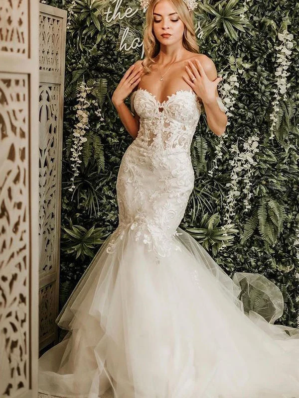 Elegant Sweetheart Sleeveless Mermaid Cheap Lace Wedding Dresses, TYP0015 Modern Lace Gown