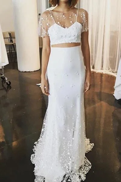 Elegant Two Pieces Lace Mermaid Short Sleeves Tulle Wedding Dresses STK15581 Elegant A-line Gown