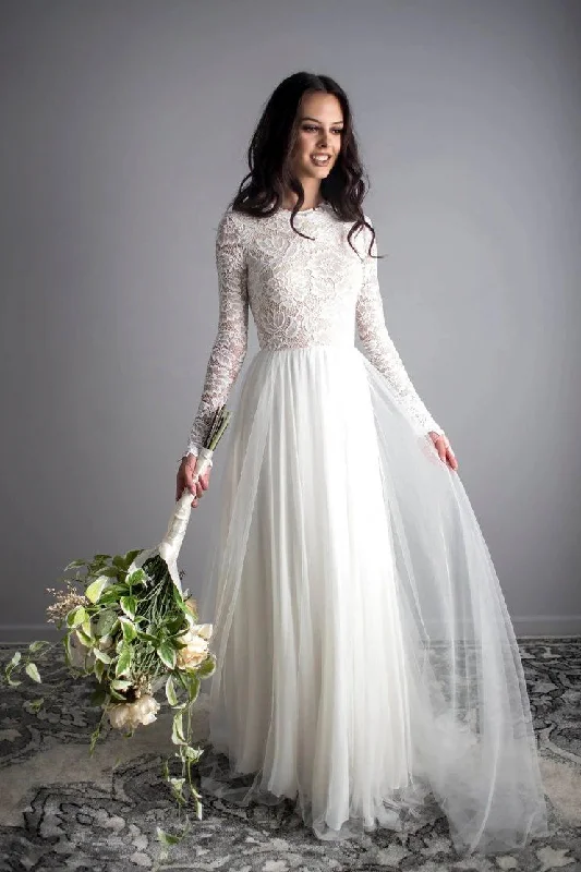 Ethereal Open Back Long Sleeve Sheath Bridal Gown-715813 Lace Wedding Gown