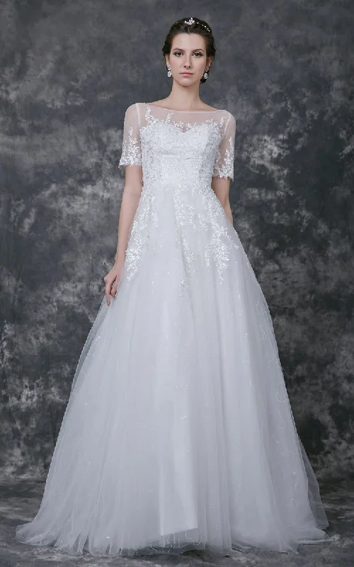 Illusion Short Lace Sleeve Bateau Neck A-line Tulle Gown-ZP_706258 Modern Bridal Gown