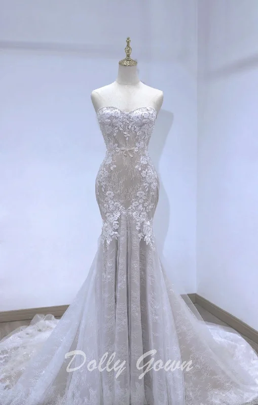 Illusion Strapless Breathtaking Lace Mermaid Bridal Gown Satin Bridal Gown