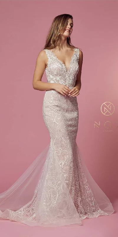 Nox Anabel JW909 Long V-Neck Fitted Mermaid Wedding Gown Strapless Bridal Dress