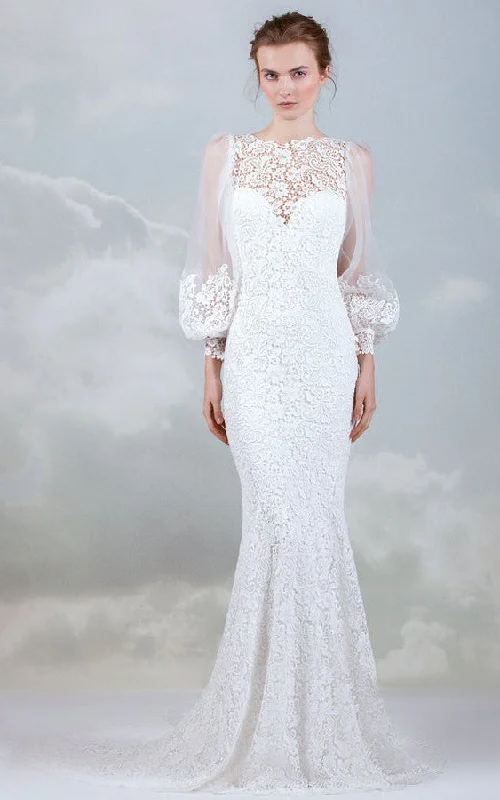 Modern Lace Bateau Long Sleeve Wedding Dress With Low-V Back-716168 Open Back Dress