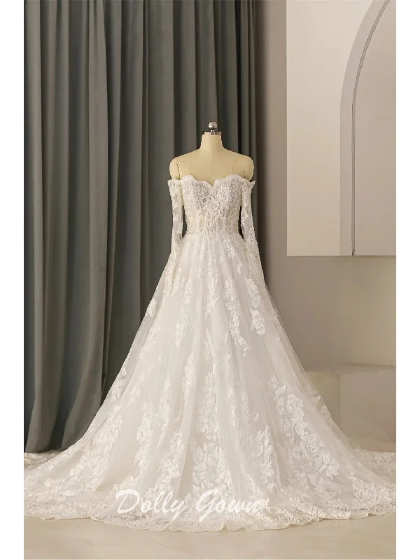 Off The Shoulder Lace A-line See Through Long Sleeve Wedding Dress Luxury Wedding Dress