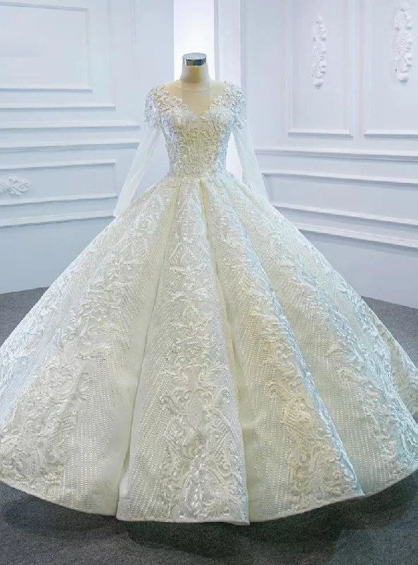 Online Store White Ball Gown Lace Appliques Long Sleeve Beading Wedding Dress Floral Wedding Gown