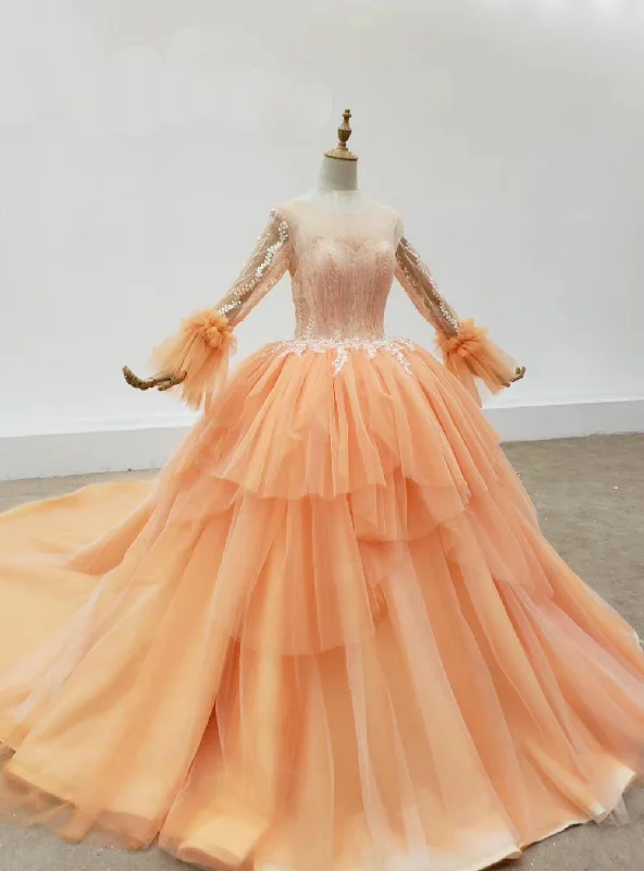 Orange Tulle Long Sleeve Lace Appliques Wedding Dress A-line Bridal Dress