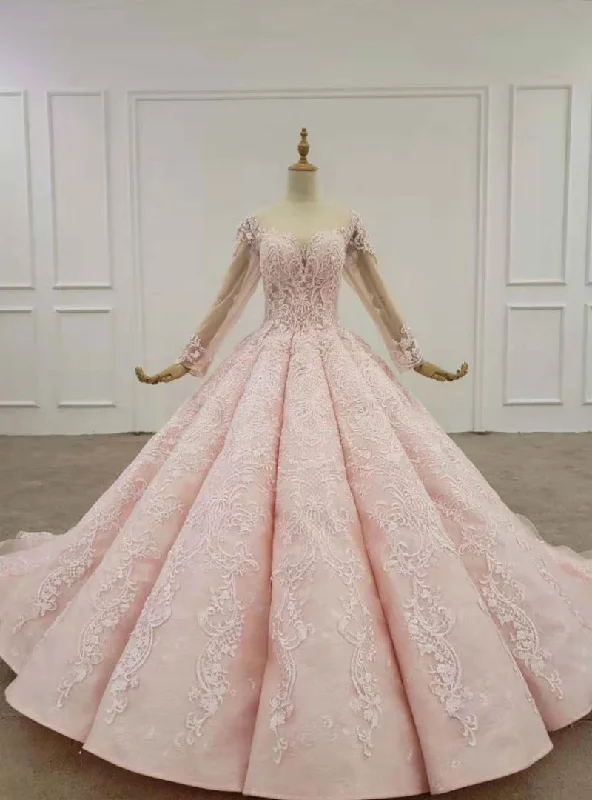 Pink Ball Gown Tulle Lace Appliques Long Sleeve Beading Wedding Dress Silk Bridal Dress