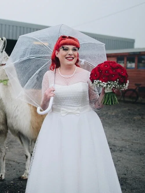 Retro Long Sleeve Tea length Full Circle Polka Dot Wedding Dress with Bow Sash Illusion Lace Gown