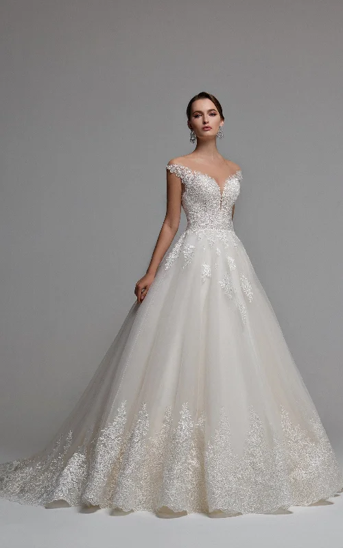 Princess Fairy Ball Gown V-neck Tulle Wedding Gown with Appliques-716123 Lace Back Wedding