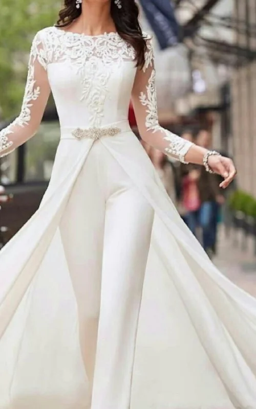 Two Piece Bateau Neckline Satin Wedding Dress Jumpsuit Elegant Romantic Garden With Illusion Long Sleeves And Appliques-716752 Chic Lace Dress