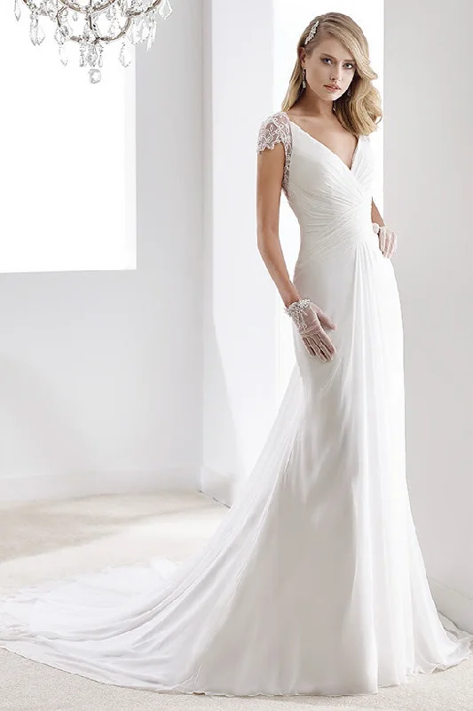 V-Neck Sheath Chiffon Wedding Dress With Bandage Waist And Illusive Sleeves And Back-MK_704787 Off-shoulder Wedding Gown