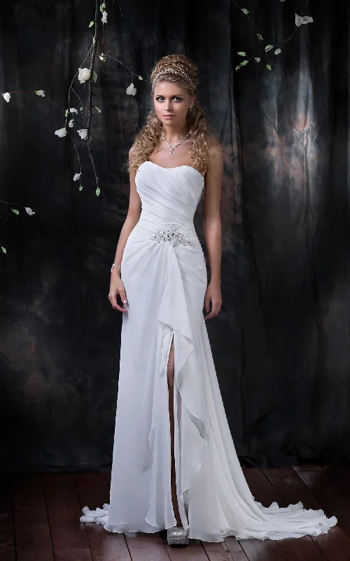 Vintage Elegant Sweetheart Strapless Chiffon Satin Wedding Dress Modest Casual Split Front Sleeveless Beaded Bridal Gown with Ruffles Romantic Satin Dress