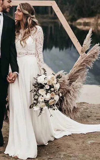 Country Boho Two Piece Chiffon Lace Bateau Long Sleeve Wedding Dress with Pleats-716013 Sparkling Bridal Gown