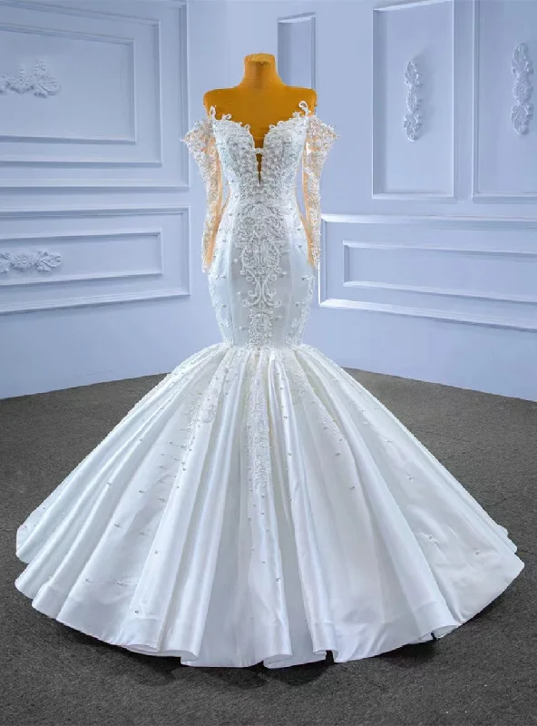 White Mermaid Satin Long Sleeve Appliques Beading Wedding Dress Elegant Bridal Gown