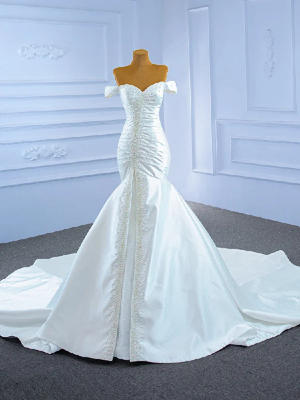 White Mermaid Satin Off the Shoulder Pearls Wedding Dress Illusion Neckline Gown