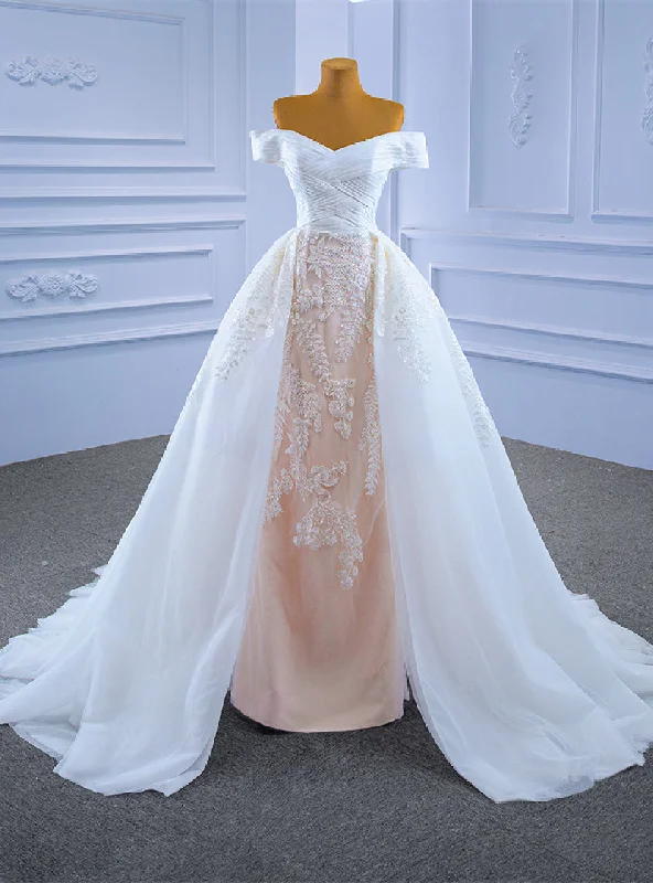 White Tulle Appliques Pleats Off the Shoulder Wedding Dress Satin Lace Gown