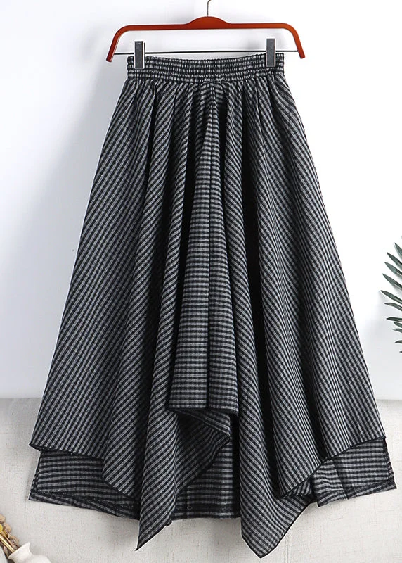 Black Grey Plaid Elastic Waist Cotton A Line Skirt Fall Beach unclassified skirts