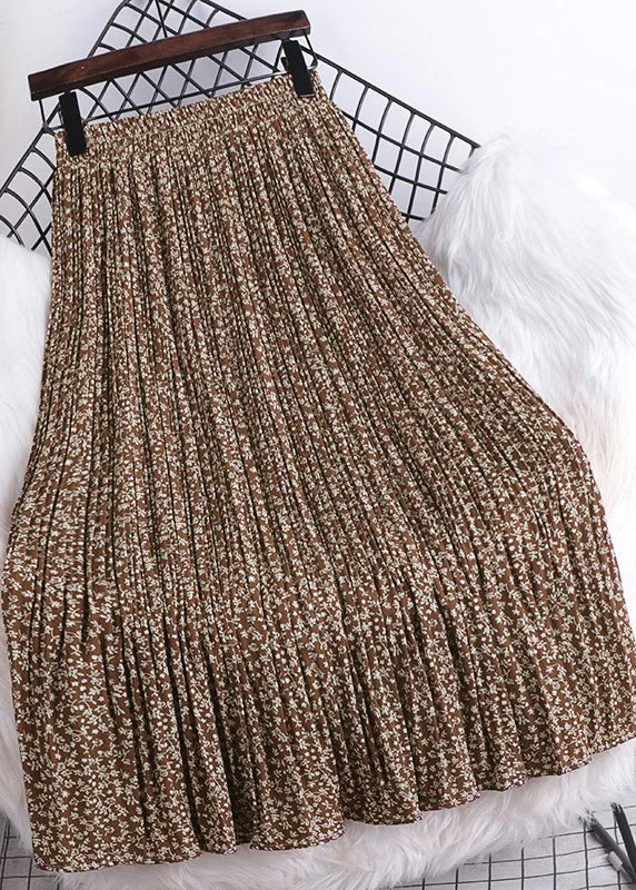 Loose Brown Print Elastic Waist Chiffon Pleated Skirt Fall Soft fabric unclassified skirts