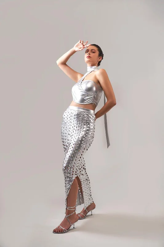 METALLIC TEXTURED ASYMMETRICAL TOP AND SKIRT CO-ORD SET Women's unclassified skirts