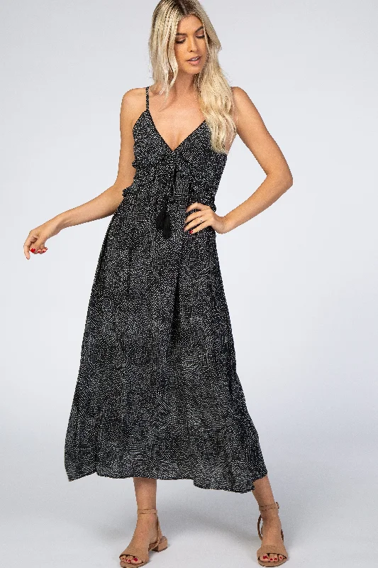 Black Dot Print V-Neck Midi Dress Red carpet midi dresses