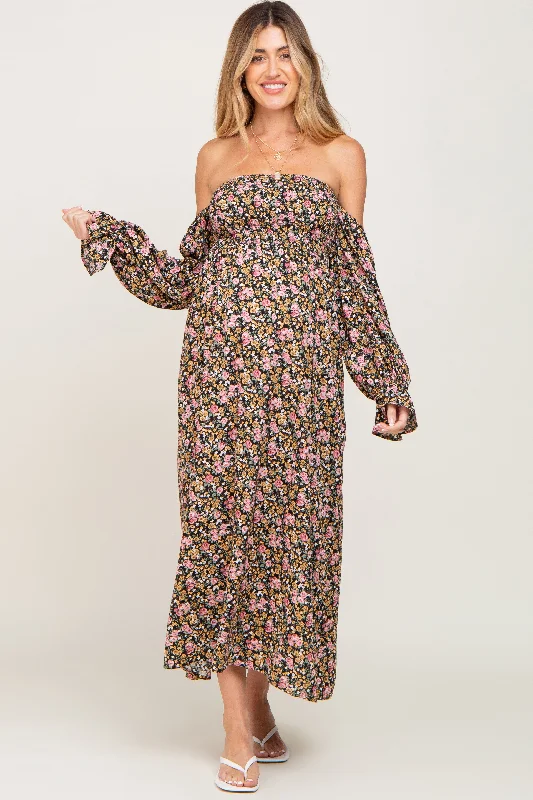 Black Floral Off Shoulder Long Sleeve Maternity Maxi Dress Minimalist maxi dresses