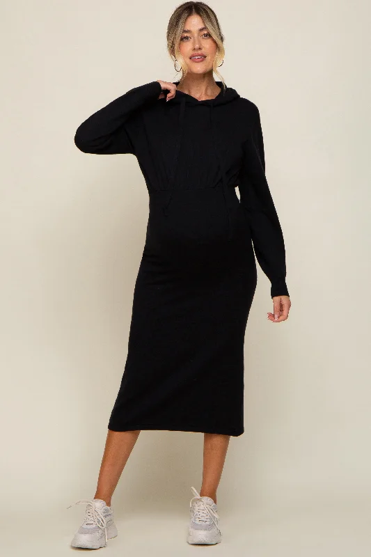 Black Knit Hooded Long Sleeve Maternity Dress Date night maxi dresses