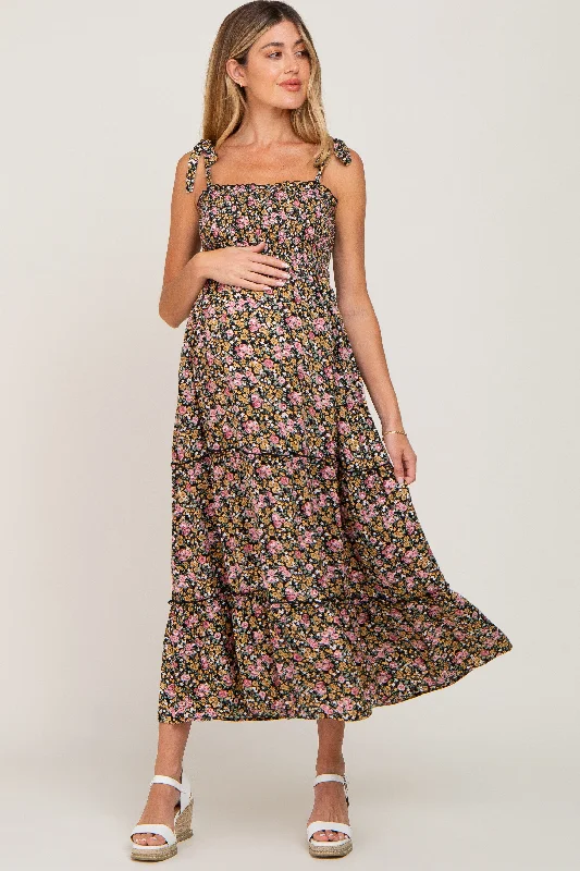 Black Multi-Color Floral Sleeveless Tiered Maternity Maxi Dress Trendy maxi dresses under $50