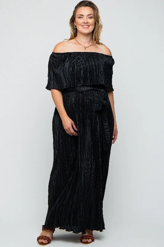 Black Plisse Off Shoulder Maternity Plus Maxi Dress Chiffon maxi dresses