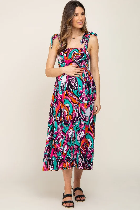 Black Printed Smocked Shoulder Tie Maternity Midi Dress New Year's Eve midi dresses