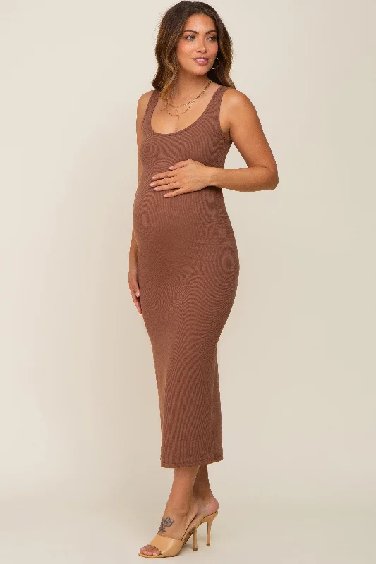 Brown Ribbed Basic Maternity Maxi Dress H&M maxi dresses