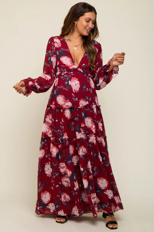 Burgundy Floral Chiffon V-Neck Lettuce Edge Tiered Maternity Maxi Dress Shein maxi dresses