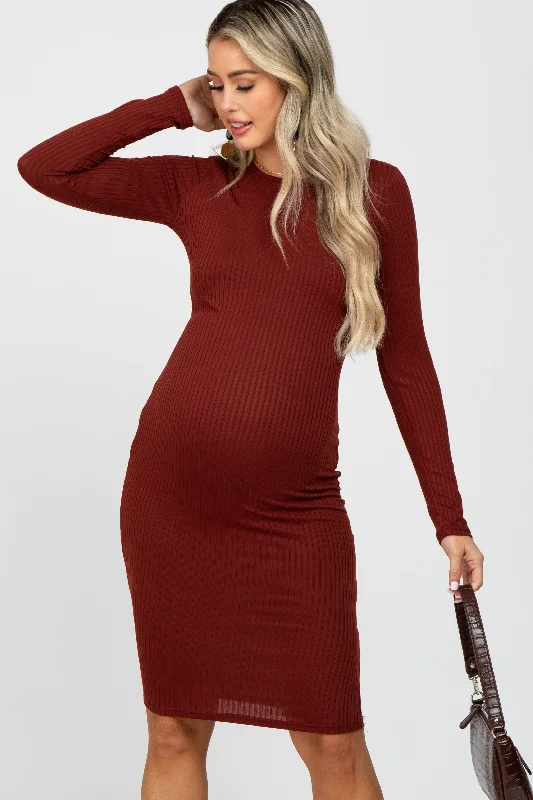 Burgundy Ribbed Fitted Long Sleeve Maternity Dress Beach maxi dresses