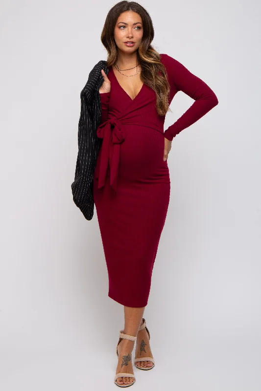 Burgundy Ribbed Long Sleeve Maternity Wrap Dress Best maxi dresses for tall women