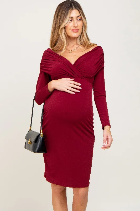 Burgundy Ruched Off Shoulder Long Sleeve Maternity Dress Best maxi dresses for casual wear