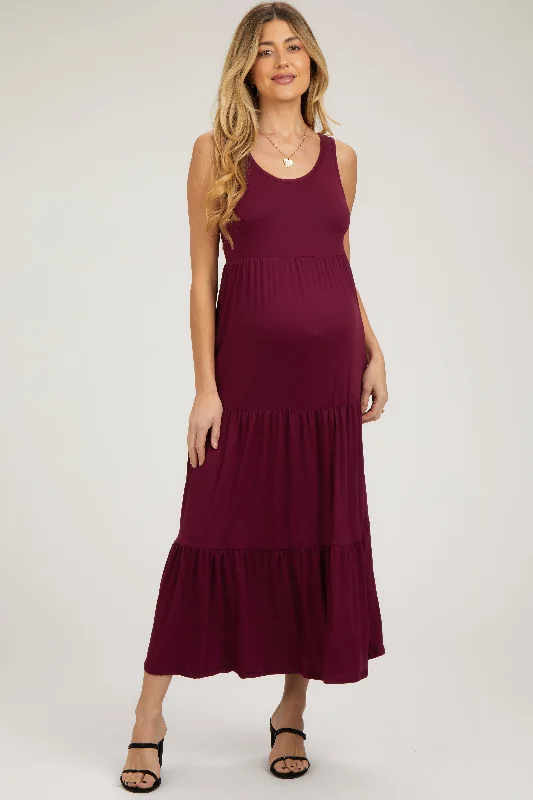 Burgundy Sleeveless Scoop Back Tiered Maternity Maxi Dress Vacation maxi dresses