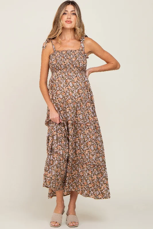 Camel Floral Sleeveless Tiered Maternity Maxi Dress PrettyLittleThing maxi dresses