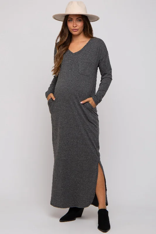 Charcoal Heathered Pocketed Long Sleeve Maternity Maxi Dress Luxury maxi dresses