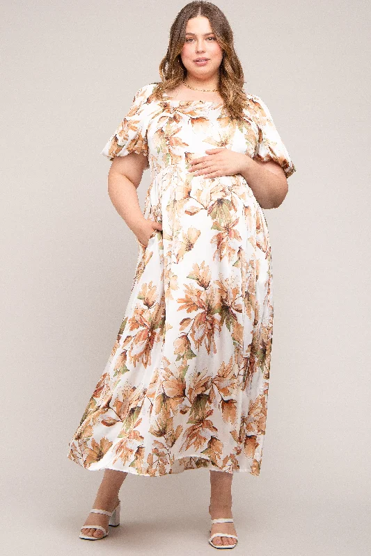 Cream Floral Satin Puff Sleeve Maternity Plus Maxi Dress Best maxi dresses for elegant looks