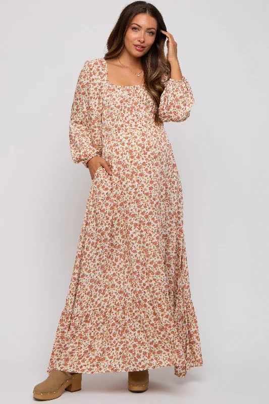 Cream Floral Square Neck Ruffle Maternity Maxi Dress Elegant maxi dresses