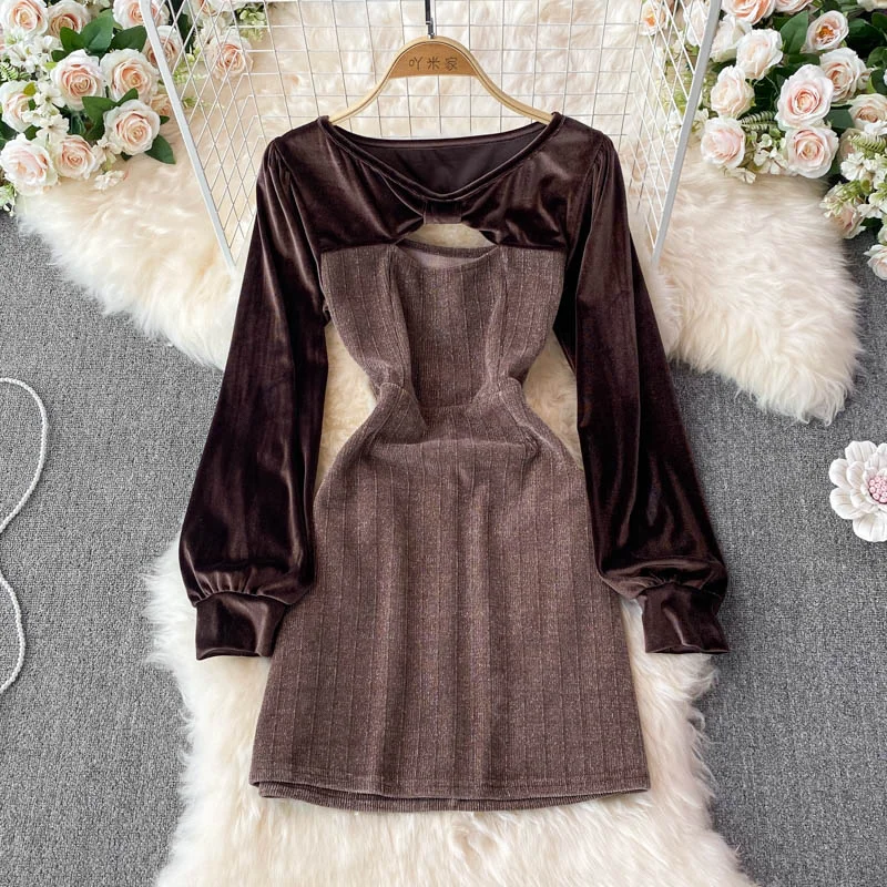 Crew neck velvet stitching long sleeve temperament French Vintage Dress  3722 Flowy maxi dresses