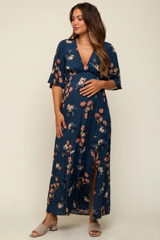 Dark Teal Floral Deep V-Neck Short Sleeve Front Slit Maternity Maxi Dress New Year's Eve maxi dresses