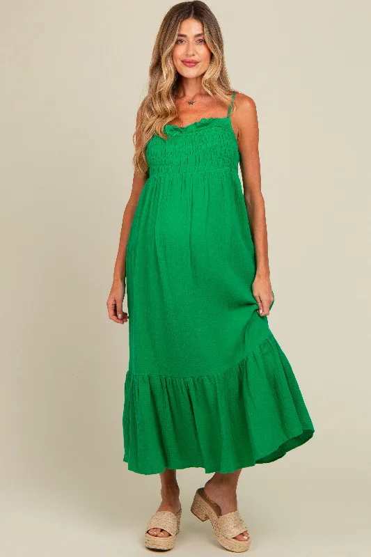 Green Smocked Maternity Maxi Dress Long sleeve maxi dresses