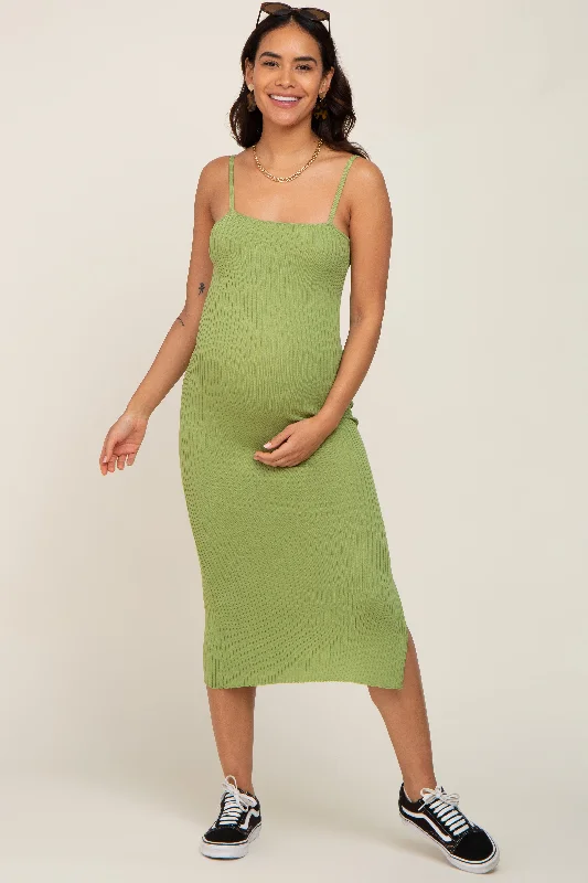 Light Olive Ribbed Knit Side Slit Maternity Midi Dress Expensive midi dresses